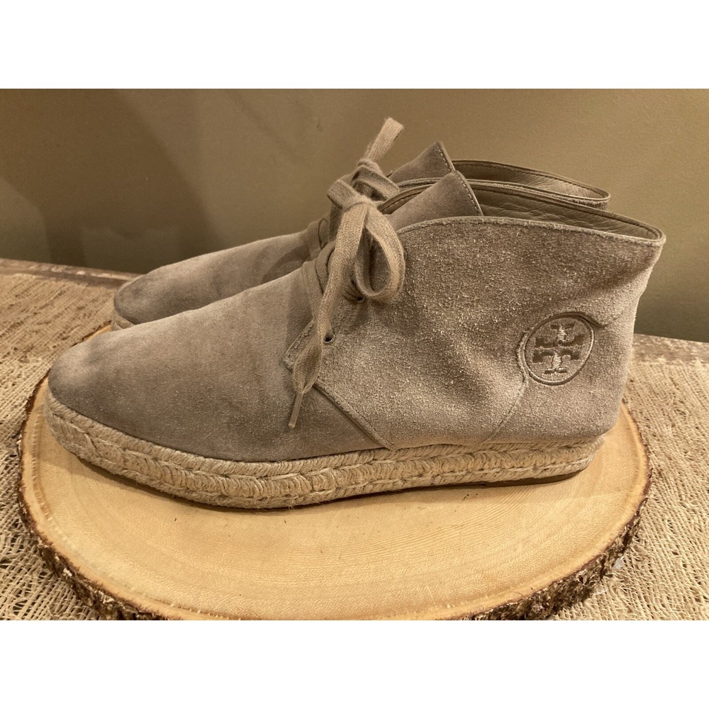 Tory Burch Rios Tan Suede Leather Espadrille Chukka Lace Up Ankle Boots Sz 9.5